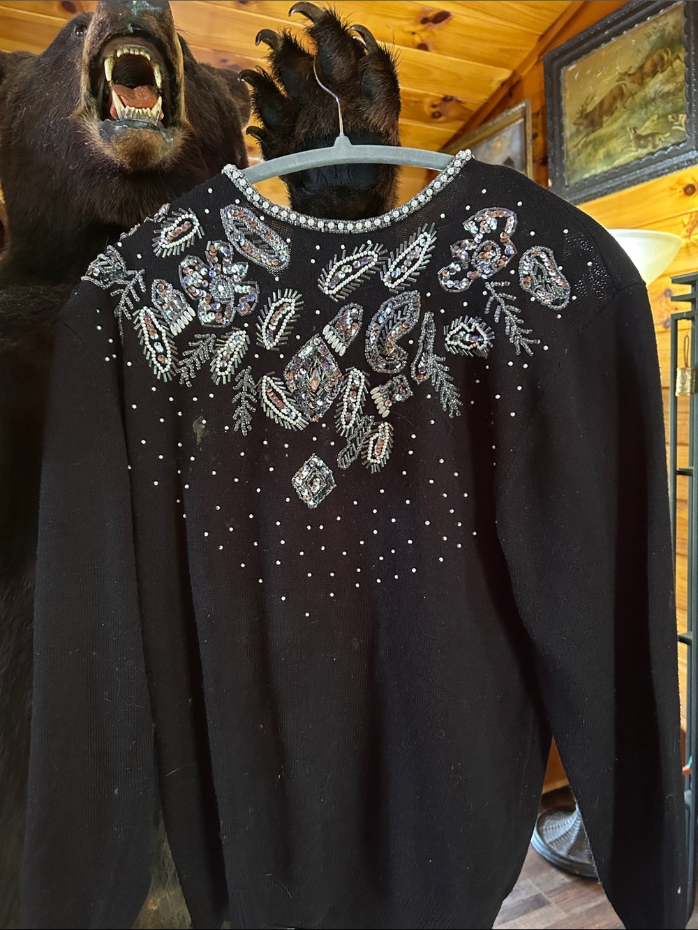 Women's Black Crewneck Sweater with Embellished Beaded Yoke